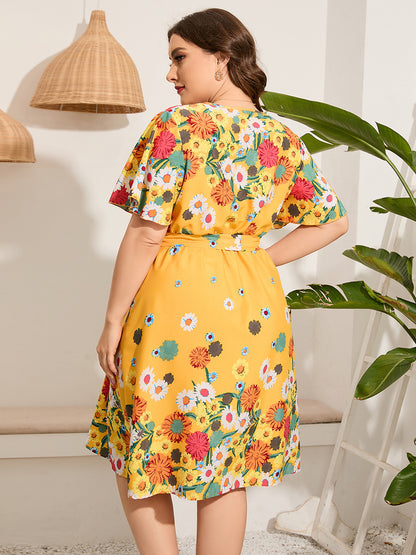 Ladies Plus Size V-neck Short-Sleeved Lace Printing Casual Holiday Mid-Length Dress