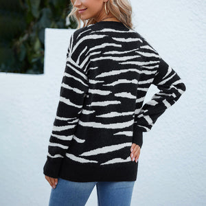 Neck Pullover Zebra Pattern Knitwear 2022 Autumn Winter Sweater for Women