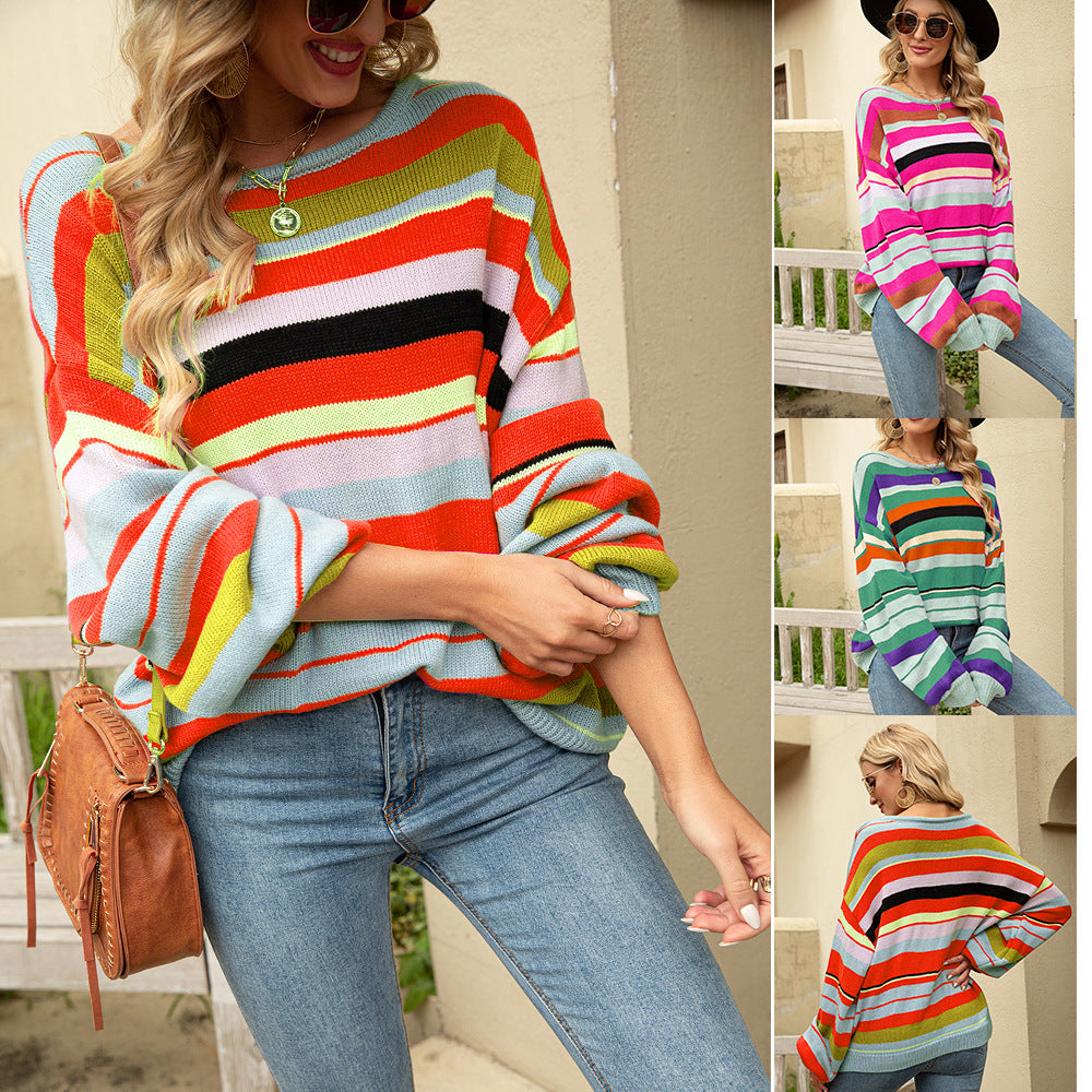 Fall 2022 Women Striped Pullover round Neck Loose Knitted Sweater Sweater