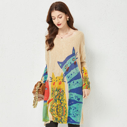 Spring 2022 Mid-Length Slimming Fashion Knitwear Simple Style Cat Printing Loose Sweater for Women