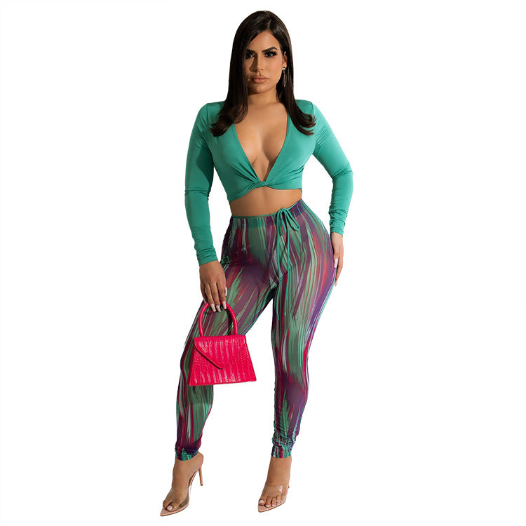 Casual V-neck Skinny Versatile Top Pants Plus Size Tight Two-Piece Suit
