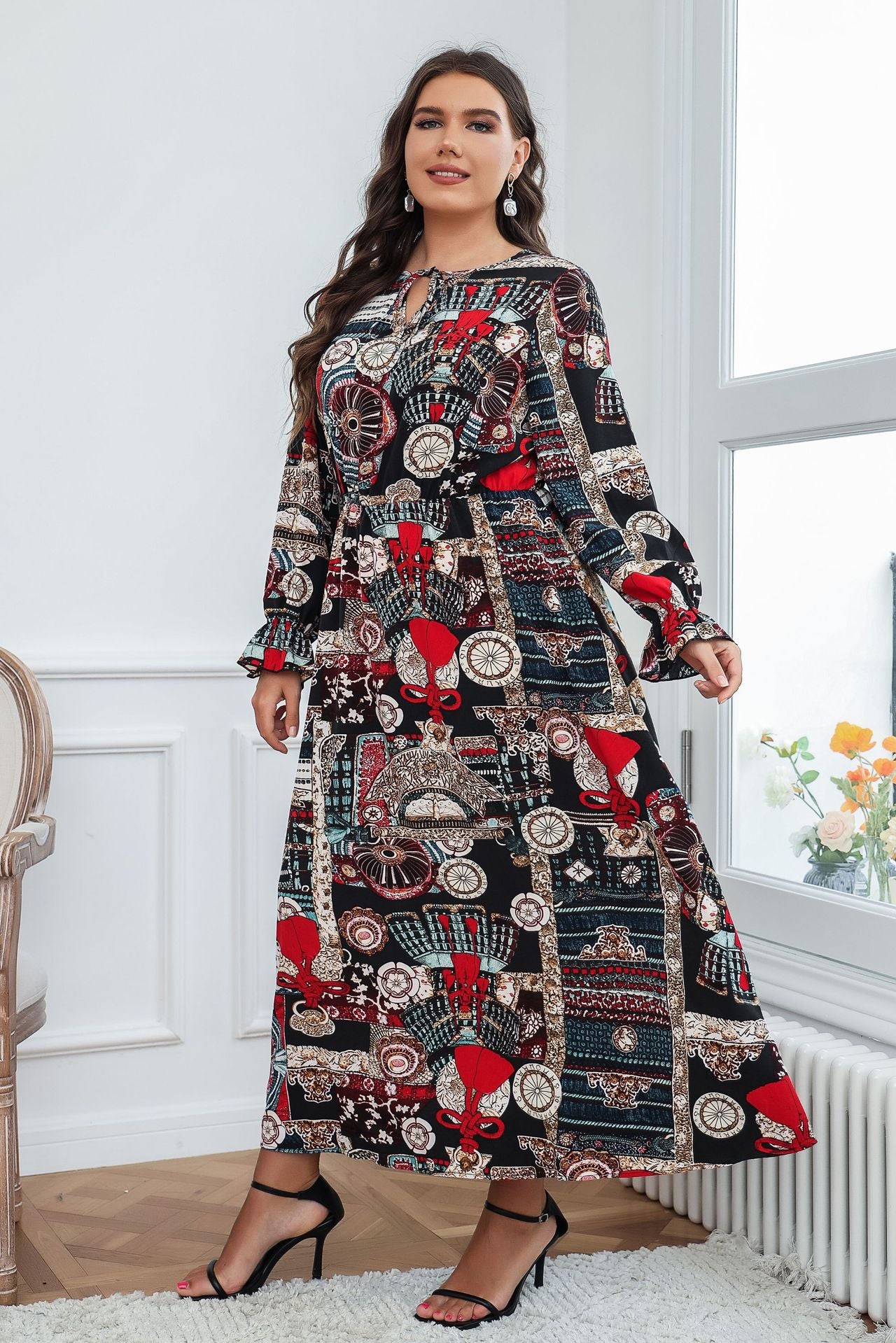 Style Plus Size Women Clothing 2022 Fashion Printed Long Sleeve Loose Dress