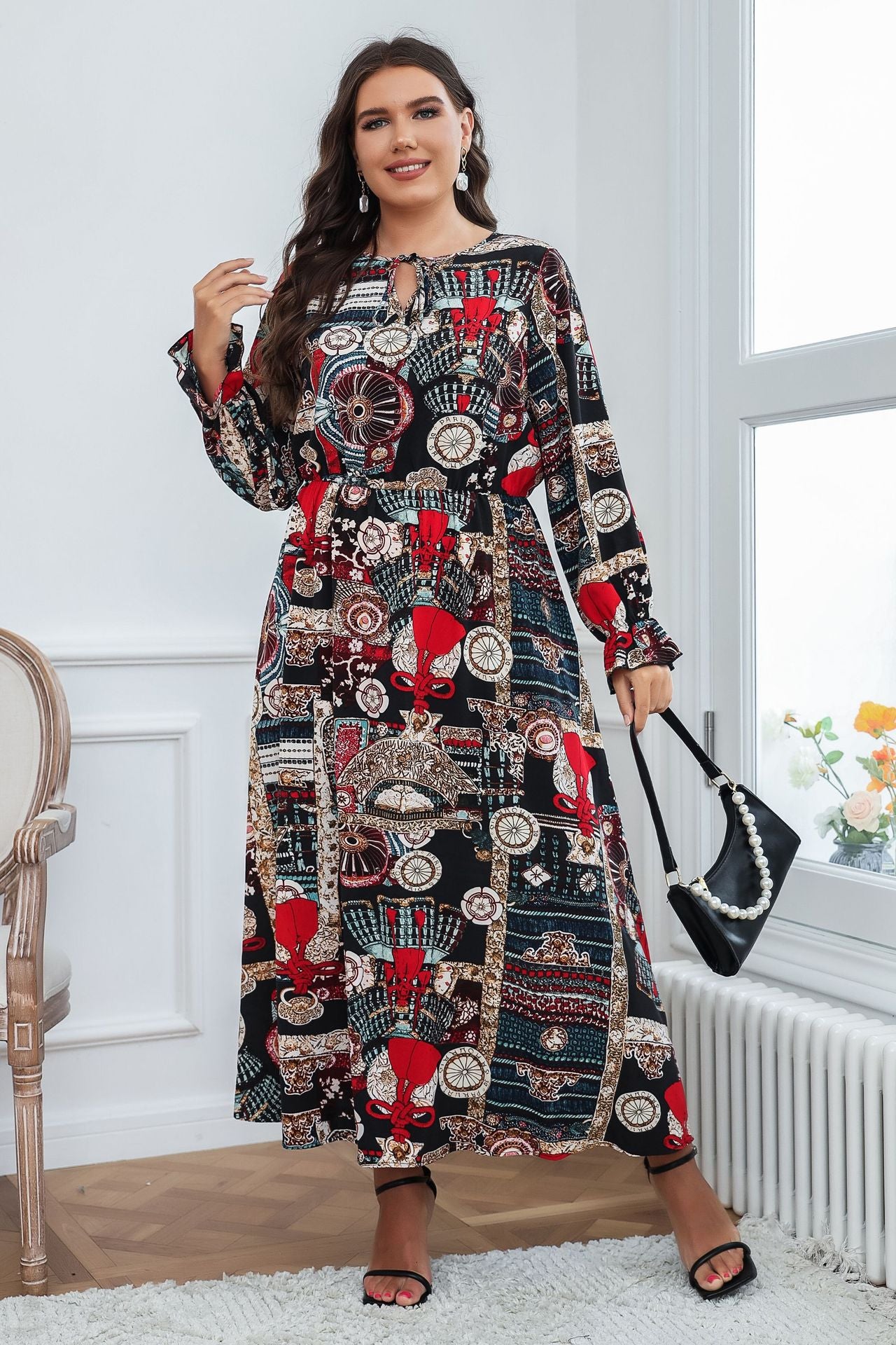 Style Plus Size Women Clothing 2022 Fashion Printed Long Sleeve Loose Dress