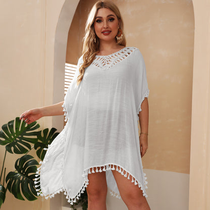 Plus Size Women Dress Hand Crocheting Stitching Sexy Backless Tassel Slit Loose Beach Cover-up Crochet