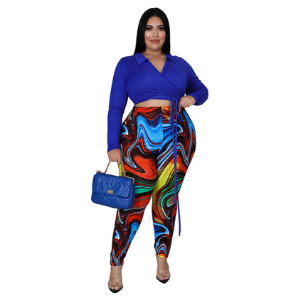 Fashion plus Size Women  Nightclub Printing Lapel Strap plus Size Two-Piece Suit