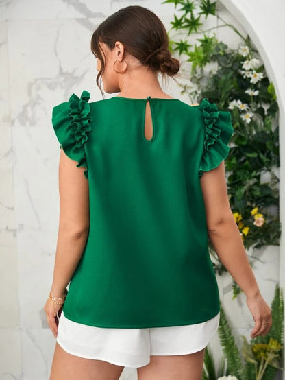 Plus Size Women Clothes Ruffles Slim-Fitting All-Matching Top Ruffle Sleeveless Ruffle Sleeveless