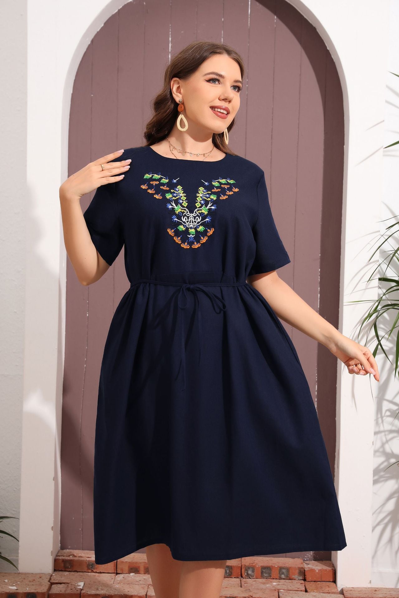 Plus Size Women Clothing round Neck Short Sleeve Embroidered Dress Belt Loose Simple Middle Skirt