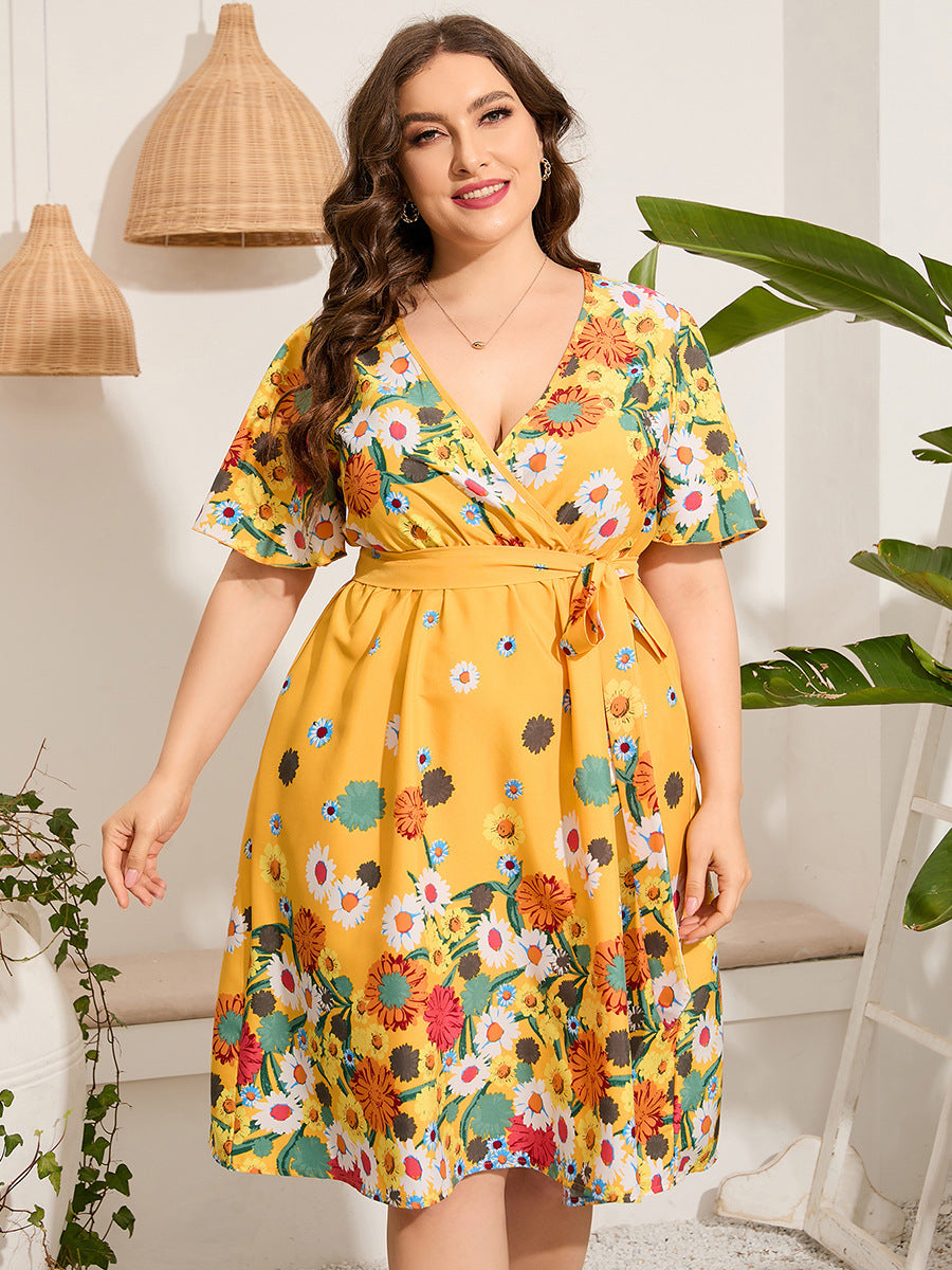 Ladies Plus Size V-neck Short-Sleeved Lace Printing Casual Holiday Mid-Length Dress