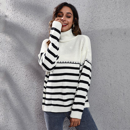 Big Brand  Same Style Striped Stitching Drop Shoulder Turtleneck Knitting Sweater Women  Loose Autumn Winter New Women  Clothing