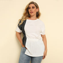 Load image into Gallery viewer, Women  Urban Casual round Neck Striped Stitching Irregular Hem Long Short-Sleeved T-shirt