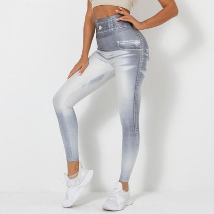 New Digital Printing Denim Blue Tight High Elastic Quick-Drying Yoga Pants Sports Running Fitness Pants for Women