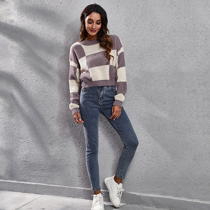 Chessboard Plaid Drop-Shoulder Long-Sleeve Short Loose Knitted Sweater Women  Plaid