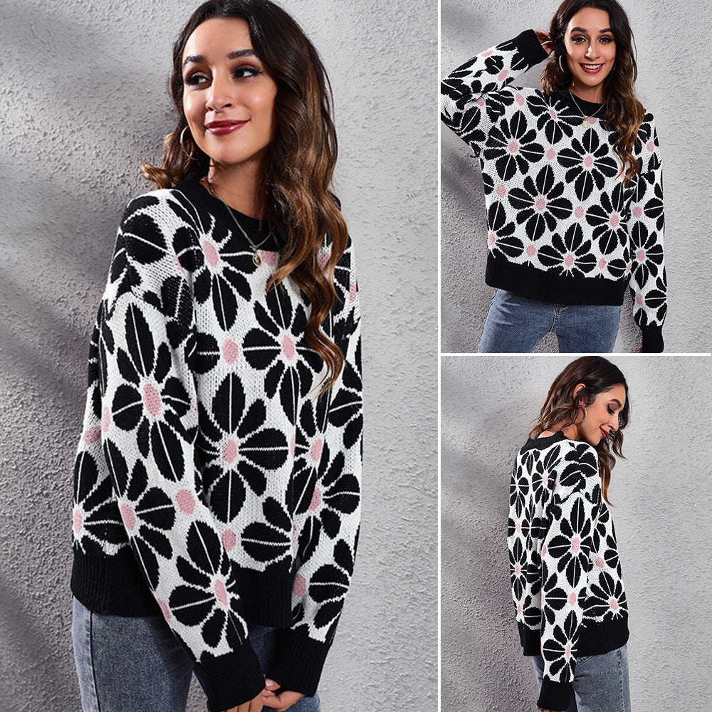 Floral Color Matching Drop-Shoulder Long-Sleeve Knitted Sweater Women  Loose Autumn Winter  Women Clothing