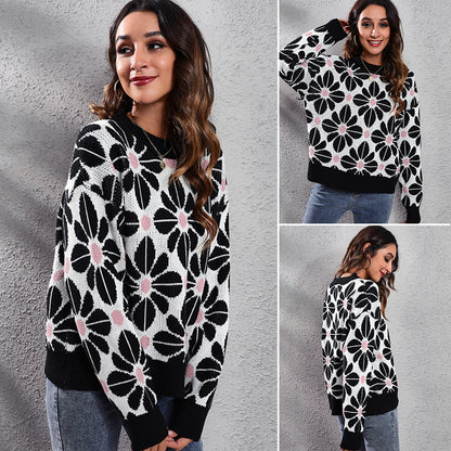 Floral Color Matching Drop-Shoulder Long-Sleeve Knitted Sweater Women  Loose Autumn Winter  Women Clothing