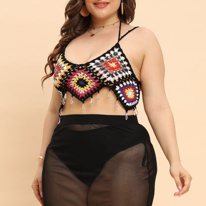 Plus Size Women Clothes Women Top Pure Hand Crocheting Random Color Stitching Pendant Banded Bikini Crochet Patchwork Macthing