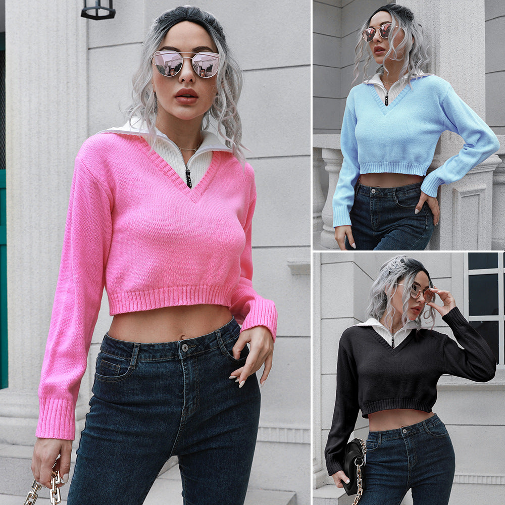 Celebrity Zipper Lapel Color Matching Short Sweater Women Loose Autumn Winter Long Sleeve Knitwear Sweater