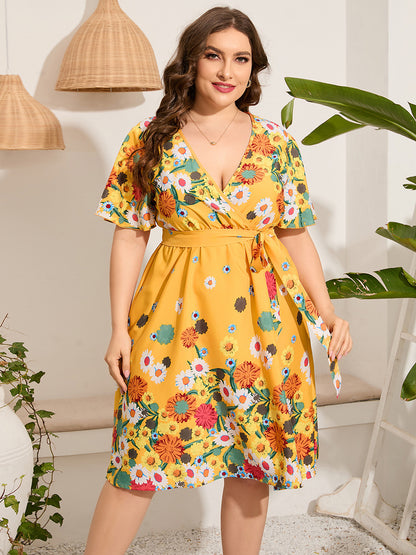Ladies Plus Size V-neck Short-Sleeved Lace Printing Casual Holiday Mid-Length Dress