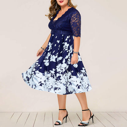 Dress Printed V-neck Lace Stitching Banquet Party plus Size Women Clothing Dress