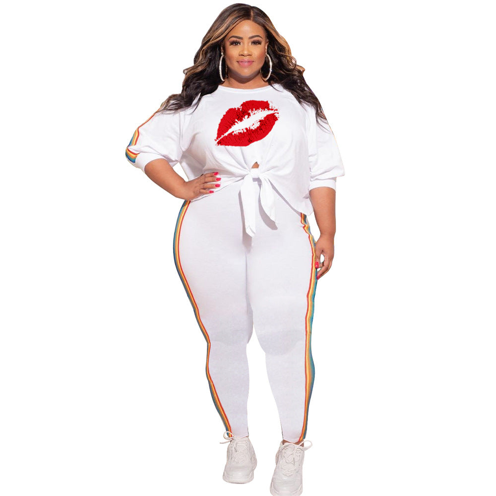 New Plus Size Suit Casual Elegant Red Lip Lace-up Women Clothing