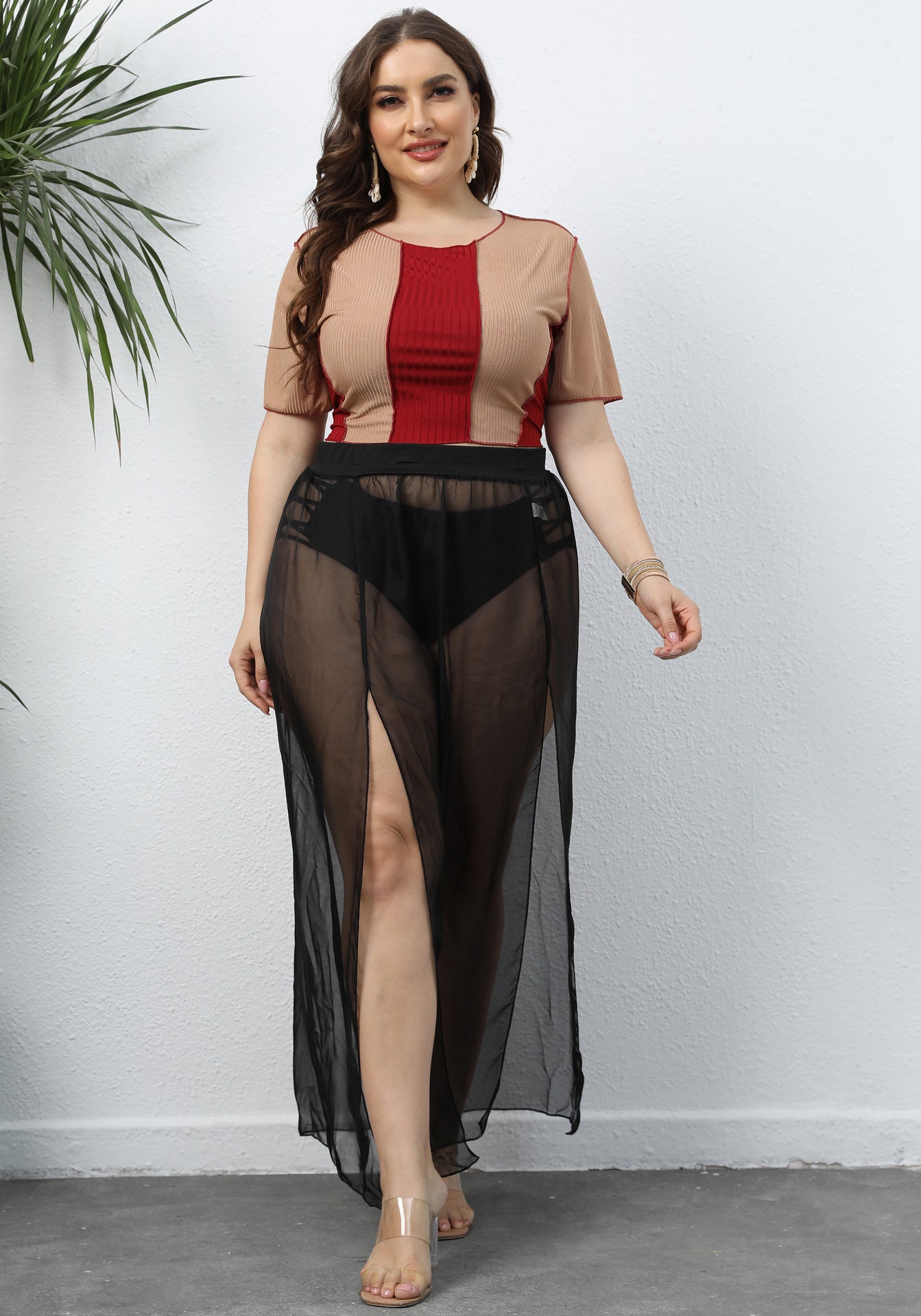 plus Size Women Clothes Elastic Waist Beach Overskirt Sexy Sheer Mesh Split Skirt