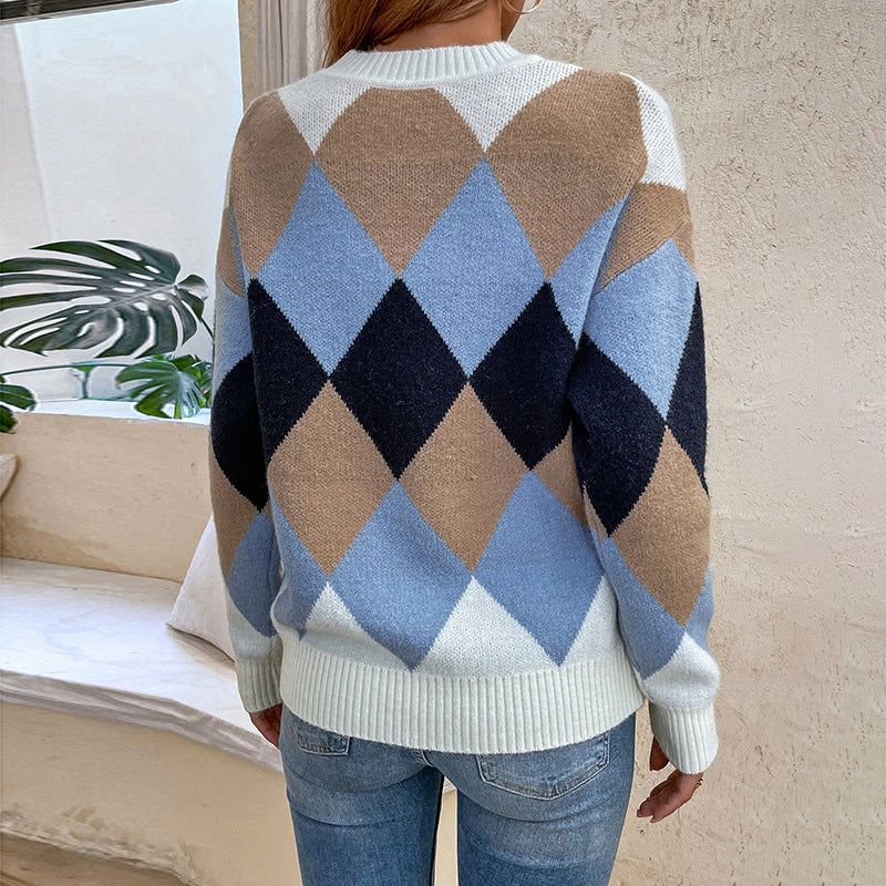 Round Neck Pullover Sweater 2022 Autumn Winter Contrast Color Diamond Sweater  Women