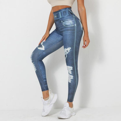 New Digital Printing Denim Blue Tight High Elastic Quick-Drying Yoga Pants Sports Running Fitness Pants for Women