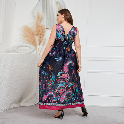 Plus Size Dress Deep V-neck Elastic Waist Plump Girls Cinched Slimming Maxi Dress