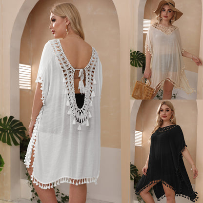Plus Size Women Dress Hand Crocheting Stitching Sexy Backless Tassel Slit Loose Beach Cover-up Crochet