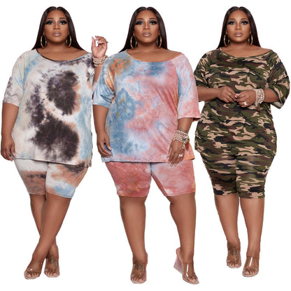 Camouflage Tie-Dye Printing Casual Set plus Size Women Two-Piece Set