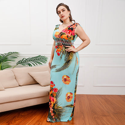 Bohemian Style Ice Silk Printed Midi Skirt Seaside Holiday Beach Dress plus Size V-neck Dress