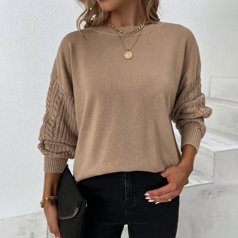 Solid Color round Neck Cable-Knit Sweater 2022 Autumn Winter Lantern Sleeve Sweater for Women
