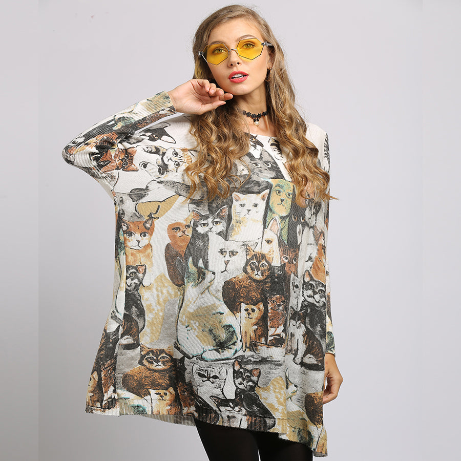 Cartoon print cat Woman Sweater Oversize Long Batwing Sleeve Pullovers O-Neck Knitted Fashion Casual Knitwear Clothes Plus size