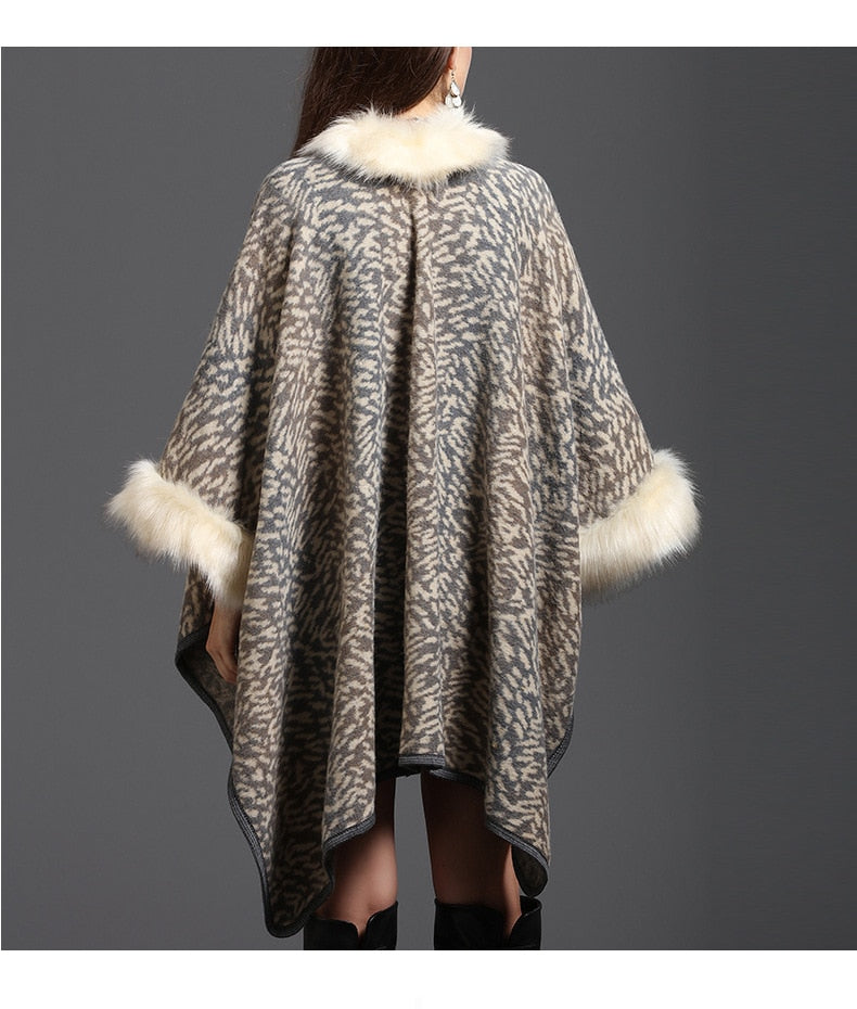 Winter Warm Plus Size Knitted Long Sleeves Leopard  Poncho