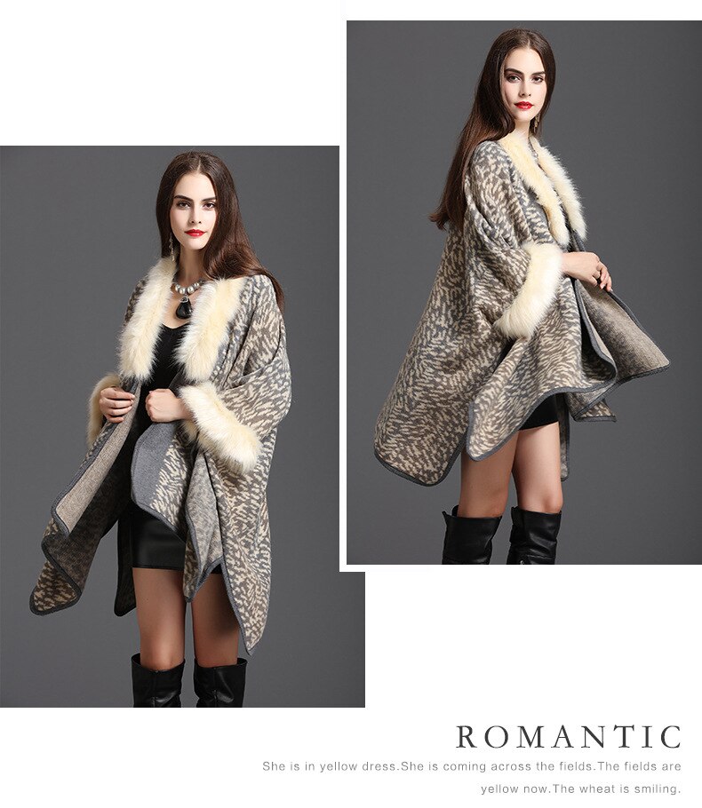 Winter Warm Plus Size Knitted Long Sleeves Leopard  Poncho