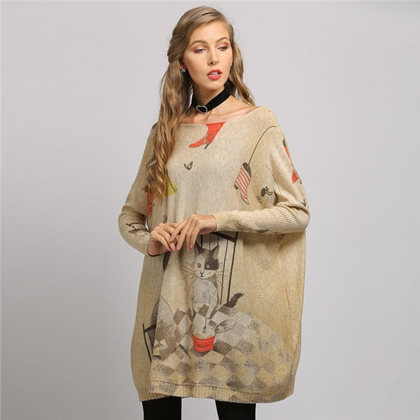 Long Oversized Women Sweater Casual Coat Batwing Sleeve Cat Print Women's Sweaters Clothes Pullovers O-Neck Knitted Dress