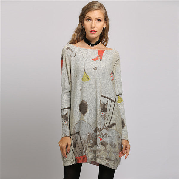 Long Oversized Women Sweater Casual Coat Batwing Sleeve Cat Print Women's Sweaters Clothes Pullovers O-Neck Knitted Dress