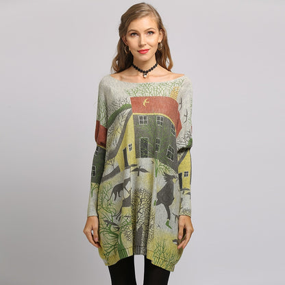 Oversized Batwing Sleeve Sweater Casual Long Women Sweater Coat  City Print Women's Sweaters Pullovers Clothes 2019 New