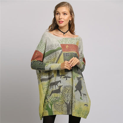 Oversized Batwing Sleeve Sweater Casual Long Women Sweater Coat  City Print Women's Sweaters Pullovers Clothes 2019 New