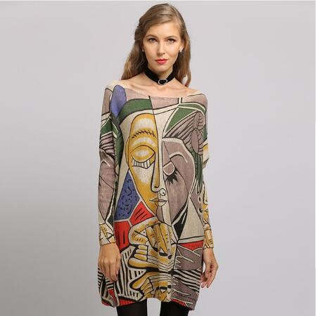 New Arrival Woman Sweater Oversize Long Batwing Sleeve Pullovers O-Neck Knitted Fashion Casual Regular Face Print Clothes