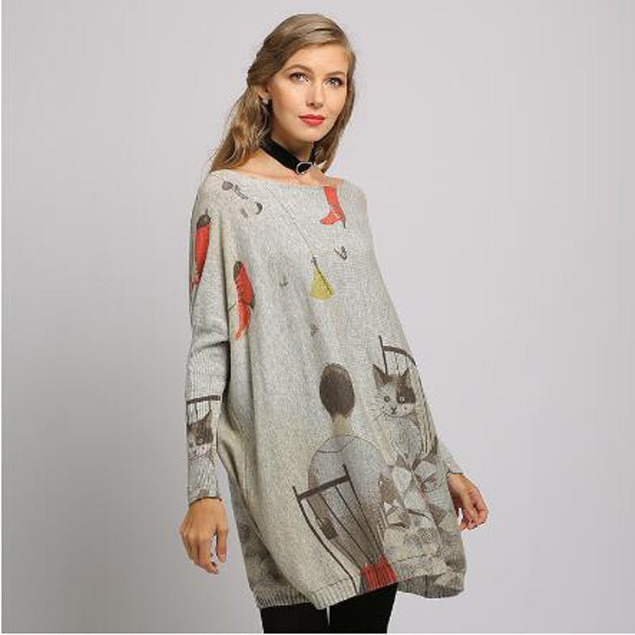 New Regular Boy Cat Print Woman Sweater Oversize Long Batwing Sleeve Pullovers O-Neck Knitted Fashion Casual Clothes