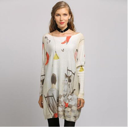 New Regular Boy Cat Print Woman Sweater Oversize Long Batwing Sleeve Pullovers O-Neck Knitted Fashion Casual Clothes