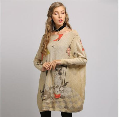 New Regular Boy Cat Print Woman Sweater Oversize Long Batwing Sleeve Pullovers O-Neck Knitted Fashion Casual Clothes