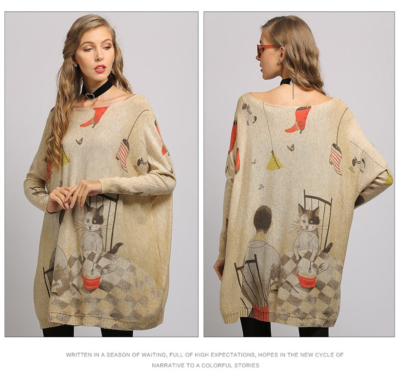 New Regular Boy Cat Print Woman Sweater Oversize Long Batwing Sleeve Pullovers O-Neck Knitted Fashion Casual Clothes