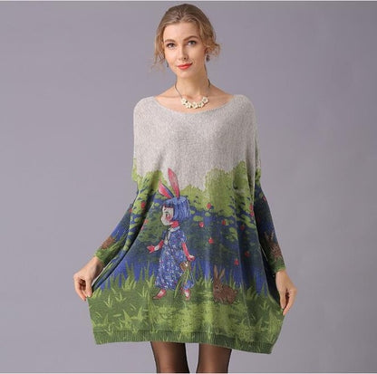 Lovely Rabbit Print Sweaters 2018 Plus Size Women Casual Jumper O-neck Patchwork Pullovers Knitted Batwing Sleeve Pullover