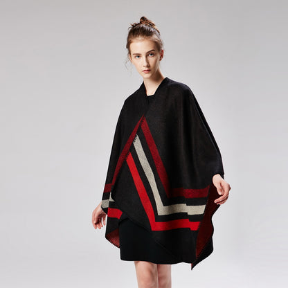 women striped print reversible thicker blanket poncho cape