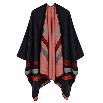 women striped print reversible thicker blanket poncho cape