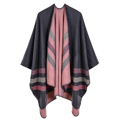 women striped print reversible thicker blanket poncho cape