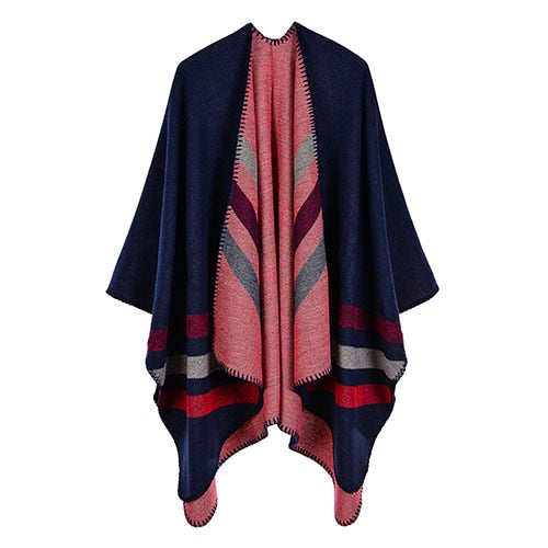 women striped print reversible thicker blanket poncho cape