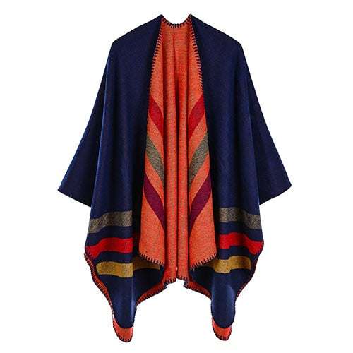 women striped print reversible thicker blanket poncho cape