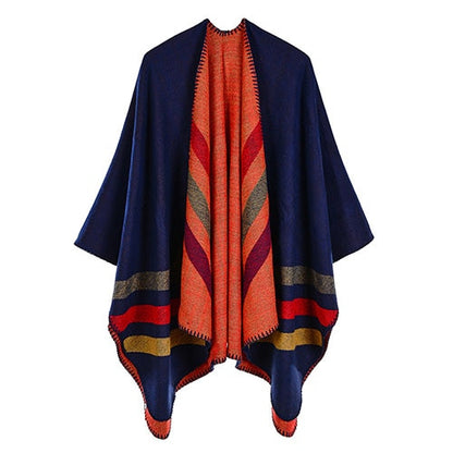women striped print reversible thicker blanket poncho cape